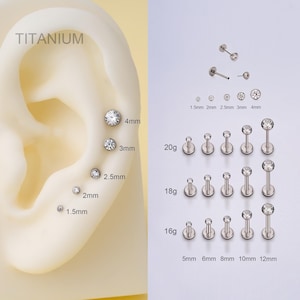 THREADLESS Push Pin Flat Back 16G/18G/20G Labret Stud,Implant Titanium Tiny Bezel CZ Nose/Tragus/Conch/Helix/Earlobe Stud Earring Flatback