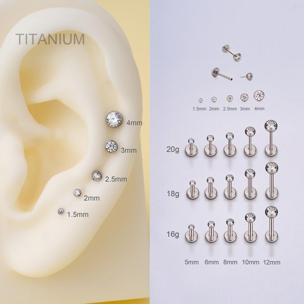 DRAADLOZE push pin platte achterkant 16G/18G/20G labret stud, titanium implantaat kleine rand CZ neus/tragus/schelp/spiraal/oorlel plaksteen