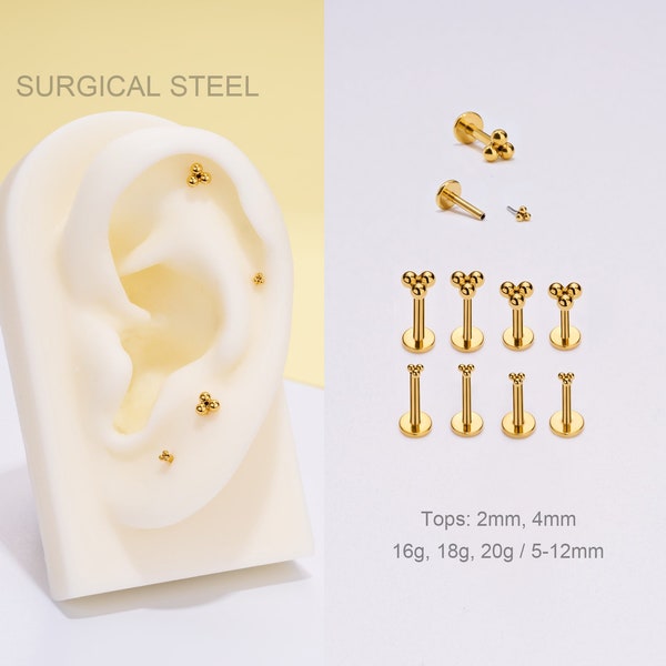 18G/16G Surgical Steel Gold Trinity Bead THREADLESS Push Pin Labret/Flat Back Earring/Tragus//Helix/Conch/Cartilage Tiny Stud/Nose Piercing