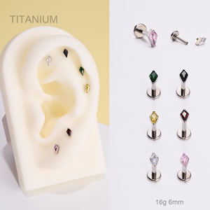 16G Titanium Internally Threaded Rhombus CZ Cartilage Stud Earring/Helix/Tragus/Conch Piercing Stud/Flat Back Earring/Tiny Silver Stud/Gifts