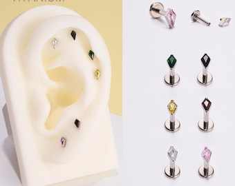 16G Titanium Internally Threaded Rhombus CZ Cartilage Stud Earring/Helix/Tragus/Conch Piercing Stud/Flat Back Earring/Tiny Silver Stud/Gifts
