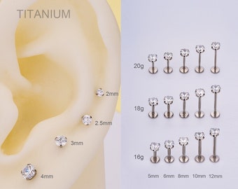 THREADLESS Push Pin Flat Back 16G/18G/20G Labret Stud,Implant Titanium Tiny Clear Prong CZ Nose/Tragus/Conch/Helix/Earlobe Stud Earring/Gift