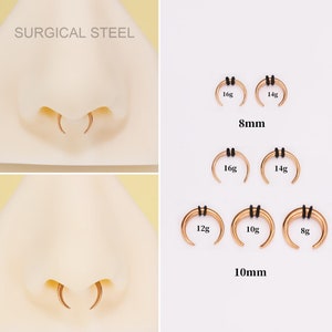 May include: Rose gold-colored septum rings in various sizes and gauges. The image shows the rings in 8mm and 10mm diameters, with gauges ranging from 8g to 16g. The text "SURGICAL STEEL" is visible.