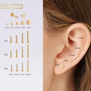 14K Solid Gold THREADLESS Tiny Disc Push Pin Flat Back 16G/18G/20G Labret Stud/Tiny Circle Ends/Nose/Tragus/Conch/Helix/Earlobe Stud Earring