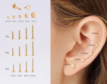 14K Solid Gold THREADLESS Tiny Disc Push Pin Flach Zurück 16G/18G/20G Labret Stud/Tiny Kreis Enden/Nase/Tragus/Conch/Helix/Ohrlappen Ohrstecker