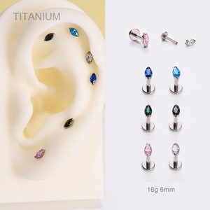 16G Titanium Internally Threaded Oval CZ Cartilage Stud Earring/Helix/Tragus/Conch Piercing Stud/Flat Back Earring/Tiny Silver Gem Stud/Gift