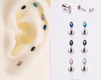16G Titanium Internally Threaded Oval CZ Cartilage Stud Earring/Helix/Tragus/Conch Piercing Stud/Flat Back Earring/Tiny Silver Gem Stud/Gift
