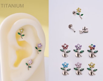 16G Titanium Flower & Leaf Cartilage Stud/Internally Threaded Flower Earring/Labret/Helix/Tragus/Conch Piercing Stud/Flat Back Earring/Gifts