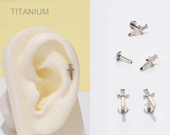 16G Titanium intern schroefdraad dolk kraakbeen Stud Earring/Labret/Helix/Tragus/Conch piercing Stud/platte rug oorbel/kleine zilveren hengsten