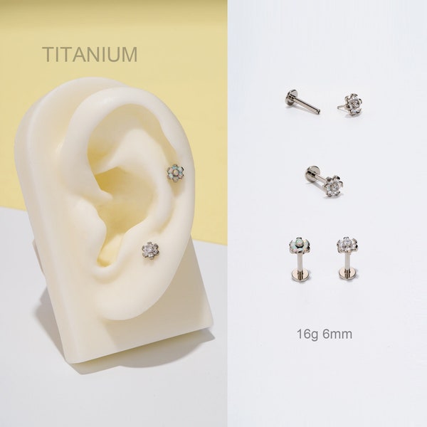 16G Titanium THREADLESS Push Pin Labret Stud/CZ Opal Flower Flat back Earring/Medusa/Monroe/Nose/Tragus/Conch/Helix  Piercing stud/Gifts