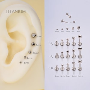 Perno labret senza filettatura, con perno a pressione, parte posteriore piatta, 16G/18G/20G, impianto in titanio, estremità a pallina minuscola, per naso/trago/conca/elica/lobo dell'orecchio, parte posteriore piatta