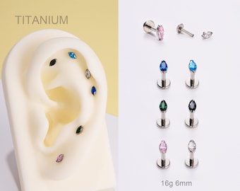 16G Titanium Internally Threaded Oval CZ Cartilage Stud Earring/Helix/Tragus/Conch Piercing Stud/Flat Back Earring/Tiny Silver Gem Stud/Gift