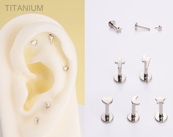 16G Titanium THREADLESS Push Pin Labret Stud/Moon/Lighting/Star/Heart/Cross Cartilage Earring/Medusa/Monroe/Nose/Tragus/Conch/Helix Piercing