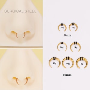 Puede incluir: Anillos de nariz de acero quirúrgico dorado en varios tamaños y calibres. Los anillos se muestran en la nariz de un modelo y sobre un fondo blanco. Los tamaños son de 8 mm y 10 mm, y los calibres son de 16 g, 14 g, 12 g, 10 g y 8 g.