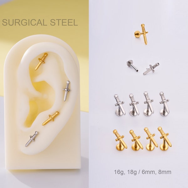 20G/18G/16G Dagger Push Pin Labret  Stud/Threadless Flat Back Earring/Tragus Stud/Conch/Helix Stud/Cartilage Stud/Nose Stud/Tiny Gold Studs