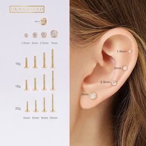 14K Solid Gold THREADLESS Push Pin Bezel CZ Flat Back 16G/18G/20G Labret Stud/Cartilage/Tragus/Conch/Helix/Nose Piercing/Mimialist Earrings