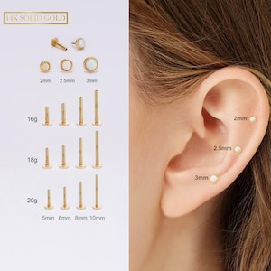 14K Oro Massiccio Opale Castone Senza Filettatura Push Pin Labret Stud/Cartilagine Orecchino Posteriore Piatto/Elica/Conca/Trago/Naso/Monroe/Medusa Stud 16G 18G 20G