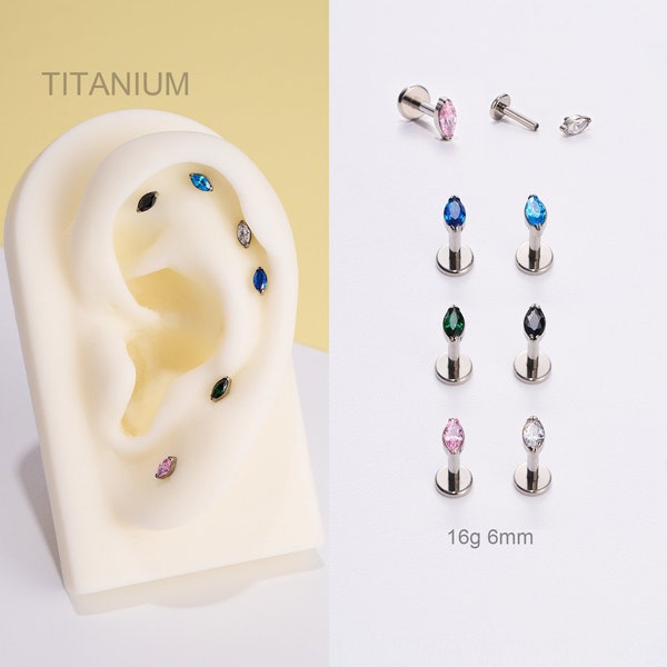 16G Titanium Internally Threaded Oval CZ Cartilage Stud Earring/Helix/Tragus/Conch Piercing Stud/Flat Back Earring/Tiny Silver Gem Stud/Gift