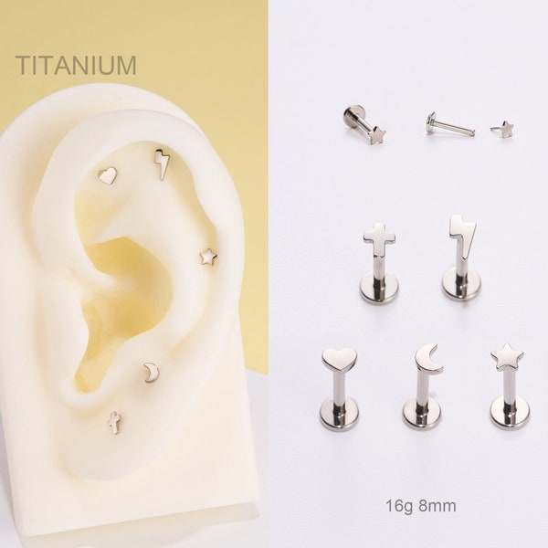 16G Titanium THREADLESS Push Pin Labret Stud/Moon/Lighting/Star/Heart/Cross Cartilage Earring/Medusa/Monroe/Nose/Tragus/Conch/Helix Piercing