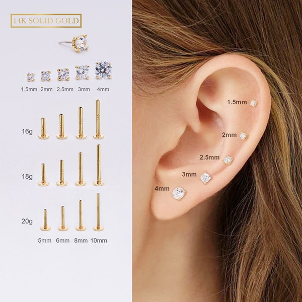 14K Solid Gold THREADLESS Push Pin Prong CZ Flat Back 16G/18G/20G Labret Stud/Cartilage/Tragus/Conch/Helix/Nose Piercing/Mimialist Earrings