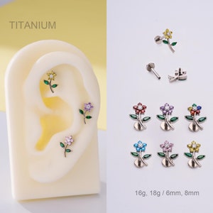 16G Titanium Flower & Leaf Cartilage Stud/Internally Threaded Flower Earring/Labret/Helix/Tragus/Conch Piercing Stud/Flat Back Earring/Gifts