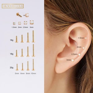 14K Solid Gold Opal Threadless Push Pin Labret Stud/Cartilage Flat Back Earring/Helix/Conch/Tragus/Nose/Monroe/Lip/Medusa Stud 16G 18G 20G