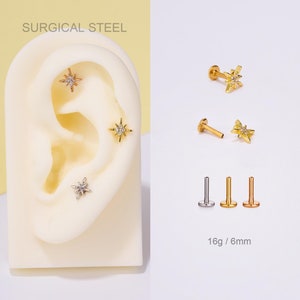 16G hexagram met inwendige schroefdraad CZ kraakbeenstekker/helix/tragus/schelp/neuspiercing/oorbel platte achterkant/kleine steker/cadeaus
