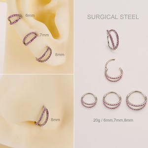 20G Surgical Steel Paved Pink CZ Double Nose ring/Cartilage Clicker Hoop/Nose Piercing/Huggies Hoop Earrings/Tragus/Helix/Conch Hoop/Gift