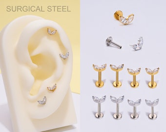 20G/18G/16G Marquise CZ Flower Push Pin Labret/Boucle d'oreille sans fil à l'arrière plat/Petits clous Tragus/Conque/Coussins hélicoïdaux/Coussins pour cartilage/nez