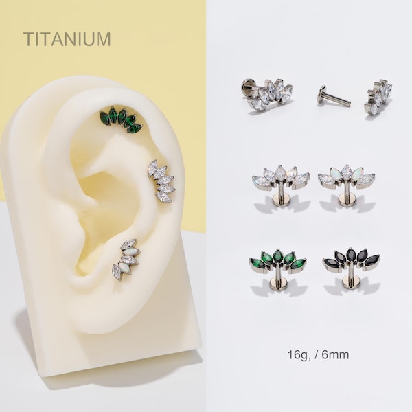 16G Titanium Crown CZ Opal Cartilage Stud/Internally Threaded Lotus Flower Earring/Labret/Helix/Tragus/Conch Piercing Stud/Flat Back Earring