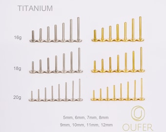 Implant 20G 18G 16G Titane Or/Argent SANS FIL Remplacement de tenon/Sans filetage arrière/Pushing Pin/Dos plat/hélice/conque/tragus/bouton nasal 5-12 mm