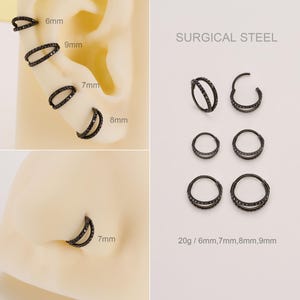 20G Surgical Steel Black CZ Double Nose Ring/Cartilage Clicker Hoop/Nose Piercing/Huggies Hoop Earrings/Cartilage/Tragus/Helix/Conch Hoop