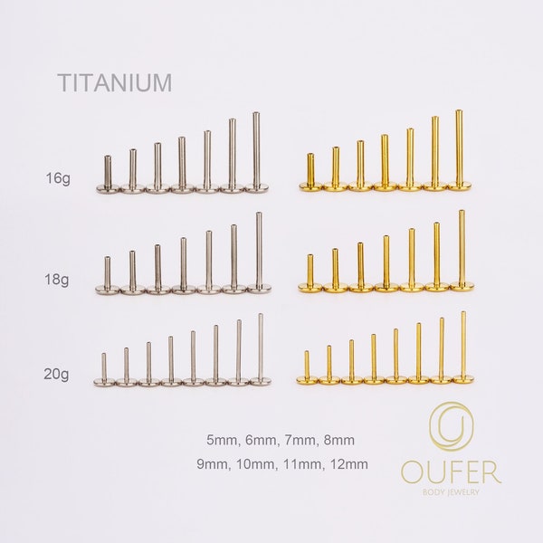 Implant 20G 18G 16G Titane Or/Argent SANS FIL Remplacement de tenon/Sans filetage arrière/Pushing Pin/Dos plat/hélice/conque/tragus/bouton nasal 5-12 mm