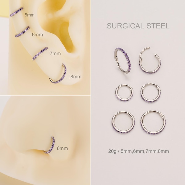 Cerchio a scatto per cartilagine in acciaio chirurgico 20G con zirconi viola incastonati/anello al naso/orecchini a cerchio Huggies/cerchio per narice/trago/elica/cerchio con zirconi scintillanti a conchiglia