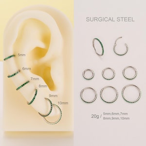 20G Surgical Steel Paved Green CZ Cartilage Clicker Hoop/Nose Ring/Huggies Hoop Earrings/Cartilage/Tragus/Helix Hoop/Conch Sparkly CZ Hoop
