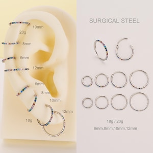 18G 20G Surgical Steel Rainbow Paved Colorful CZ Cartilage Clicker Hoop/Nose Ring/Huggies Hoop Earring/Tragus/Helix/Conch Hoop/Nose Piercing