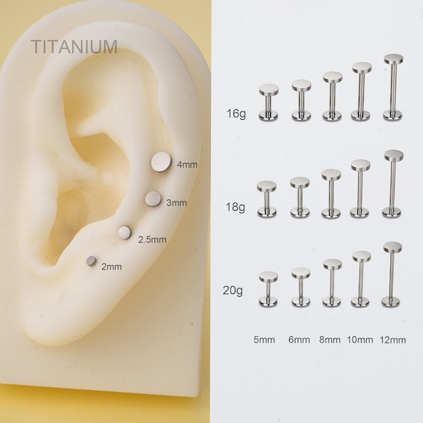 THREADLESS Tiny Disc Push Pin Flat Back 16G/18G/20G Labret Stud,Implant Titanium Circle Ends Nose/Tragus/Conch/Helix/Earlobe Stud Earring