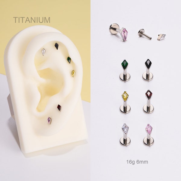 Pendiente de perno de cartílago de rombo CZ con rosca interna de titanio de 16G/hélice/tragus/perno de perforación de caracola/pendiente de espalda plana/pequeño perno de plata/regalos