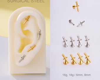 20G/18G/16G Dagger Push Pin Labret Stud/threadless Flat Back