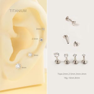 Pendiente de tuerca con parte trasera plana de moissanita de 16 g/pendiente de tuerca con rosca interna de titanio para labio/cartílago/caracola/hélice/trago/perforación nasal/regalos para ella