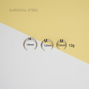 May include: Three silver surgical steel nose rings with black rubber o-rings. The rings are 14mm, 12mm, and 10mm in diameter. The rings are labeled with their size in millimeters. The text "SURGICAL STEEL" and "12g" are also visible in the image.