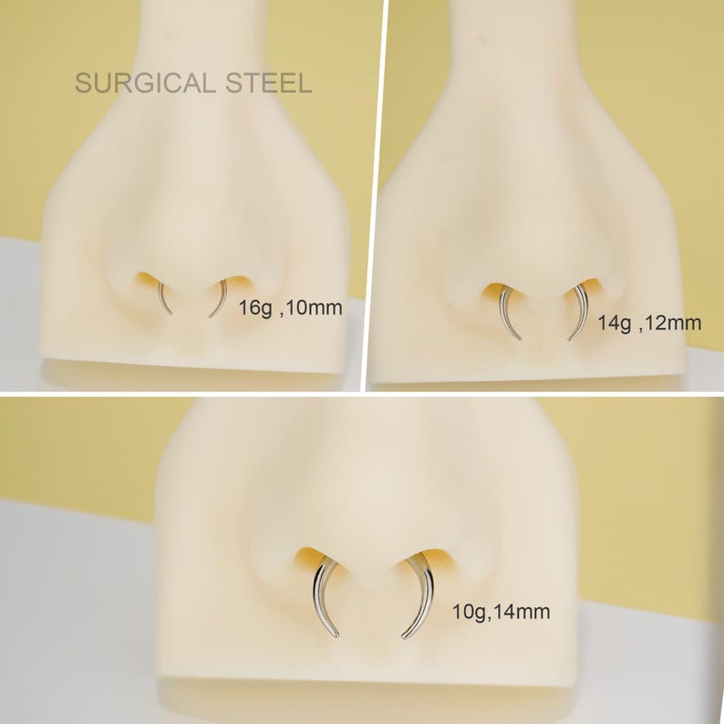 May include: Three close-up images of a nose piercing with different sizes. The first image shows a 16 gauge, 10mm nose ring. The second image shows a 14 gauge, 12mm nose ring. The third image shows a 10 gauge, 14mm nose ring. All three nose rings are made of surgical steel.