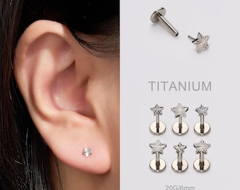 Pendiente de cartílago de titanio 16G/18G/20G, piercing hélix, pendiente concha, pendiente plano sin rosca, pendiente de estrella pequeña, pendiente minimalista, superficie cortada