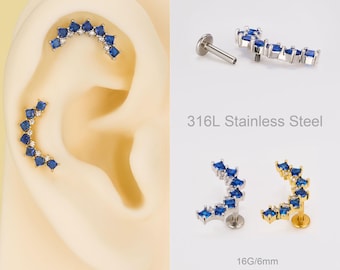 16G Sapphire Ear Climber Earring, Inner Conch Piercing, CZ Helix Earring, Internally Threaded Flat Back Stud