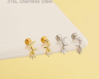 16G Moon Flat Back Stud Earring, Dangle CZ Flower Cartilage Earring, Helix Piercing, Internally Threaded