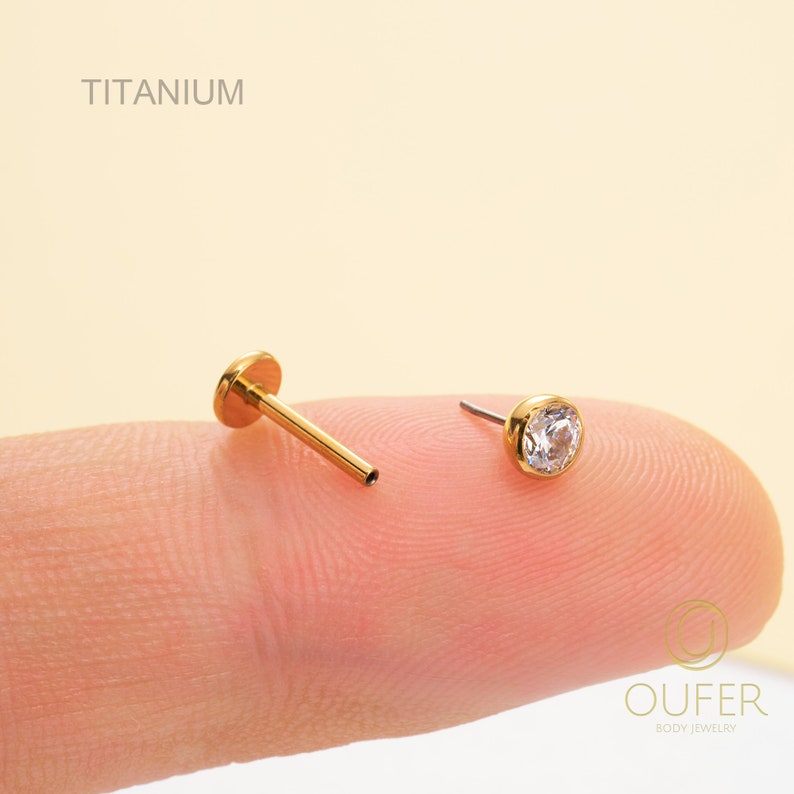 20G/18G/16G Titanium Tiny Gold Bezel CZ Stud/Push Pin Labret/Threadless Flat Back Earring/Nose Stud/Cartilage Stud/Tragus/Helix/Conch Stud image 8