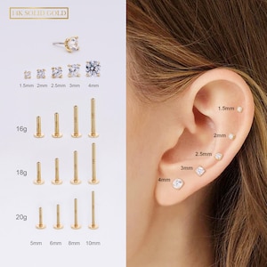 Boucles d'oreilles en or massif 14 carats SANS FIL CZ avec épingles et broches à dos plat 16G/18G/20G/Cartilage/Tragus/Conque/Helix/Piercing nez