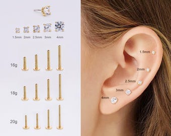 14K Solid Gold THREADLESS Push Pin Prong CZ Flat Back 16G/18G/20G Labret Stud/Cartilage/Tragus/Conch/Helix/Nose Piercing/Mimialist Earrings