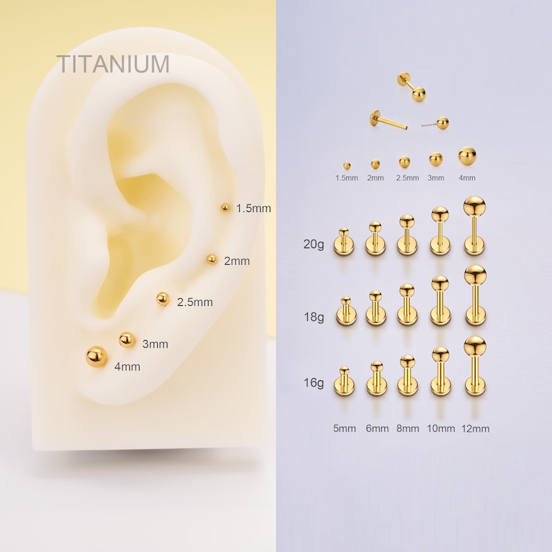 20G/18G/16G Titanium Gold Ball Stud Push Pin Labret/Threadless Flat Back Earring/Tragus Stud/Helix Stud/Cartilage Stud/Nose Stud/Conch Stud image 1