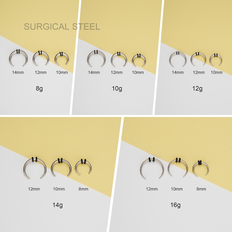 May include: Surgical steel nose rings in various sizes and gauges. The rings are silver and have black accents. The sizes are 8g, 10g, 12g, 14g, and 16g. The diameters are 8mm, 10mm, 12mm, and 14mm.